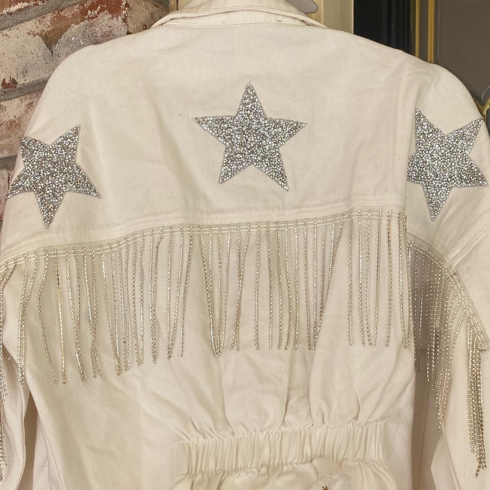 Star Rhinestone Fringe Denim Jacket - White side M - Picture 7 of 10